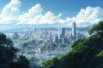 Wall Mural - Aerial view of city skyline with green trees and white clouds on a sunny day. Beautiful cityscape background illustration.