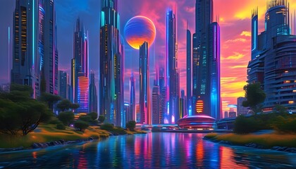 Poster - Futuristic neon-drenched cityscape featuring ultramodern architecture and holographic elements