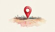 © Myimages - A colorful watercolor illustration of a location pin above a cityscape, symbolizing navigation and mapping.