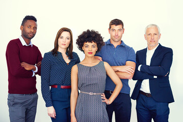 Poster - Design, portrait and solidarity with team of business people in studio together for creative career. Assertive, serious or unity with man and woman employee group at work for designer profession