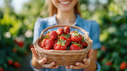 A woman is holding a basket full of strawberries. She is smiling and she is happy. The basket is filled with many strawberries, and they are all red. Concept of joy and abundance