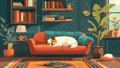 Wall Mural - Serene cozy den with a pet peacefully asleep in an owners lap, illustrated in a charming flat design style