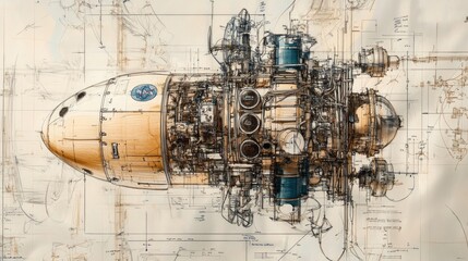 a detailed technical drawing of a spacecraft, with intricate machinery and a futuristic design.