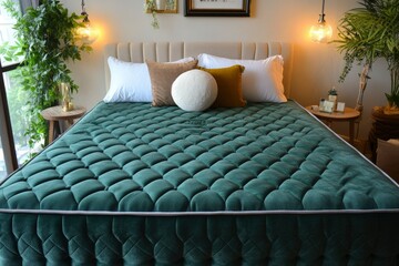 Sticker - Green Velvet Mattress with White Piping and Diamond-Shaped Tufting