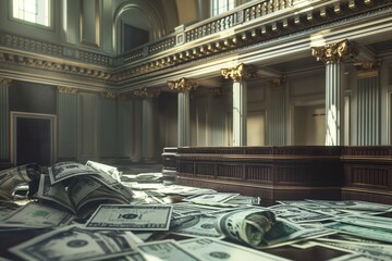 Grand room with ceiling, ornate decorations, stacks of dollar bills. Natural from large window casts shadows, highlights money textures. Low-angle shot emphasizes ceiling height, grandeur.