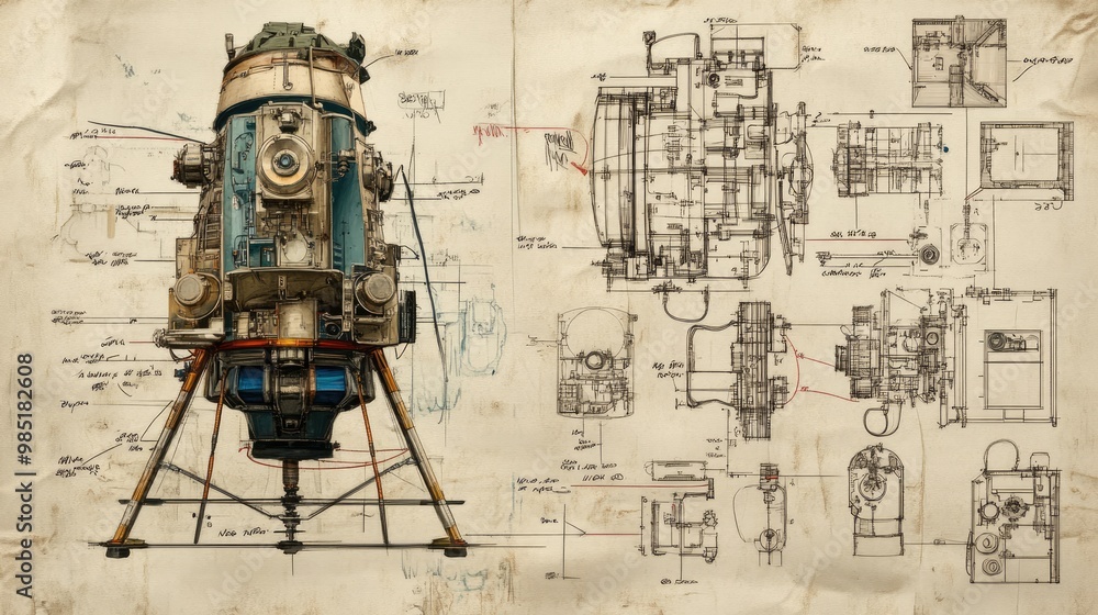 Simple Spacecraft A vintage illustration of a spacecraft with technical blueprints and ...