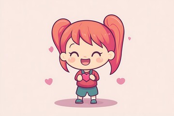 Canvas Print - Cute Cartoon Girl Holding Heart, Love, Happiness, and Kindness