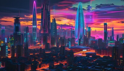 Poster - Futuristic neon-drenched cityscape featuring ultramodern architecture and holographic elements