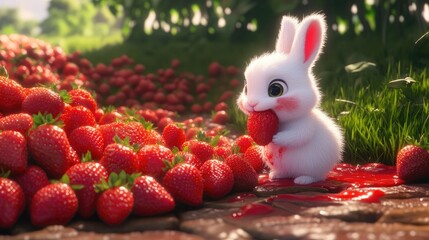 A cute white rabbit with red cheeks eats a juicy strawberry surrounded by a pile of ripe strawberries on a brick path.