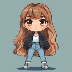 Wall Mural - Cute Chibi Anime Girl with Brown Hair and Black Jacket