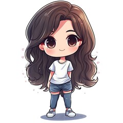 Sticker - Cute Cartoon Girl with Long Hair in Casual Outfit