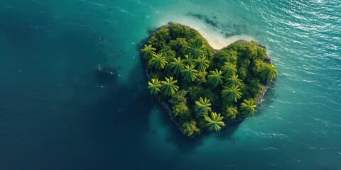 Wall Mural - Heart-shaped tropical palm island in the ocean with negative space. Palm trees sway in the breeze on a sunny day. Blue waters and sandy beach create a serene atmosphere.