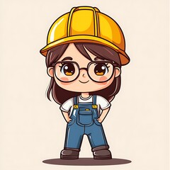 Wall Mural - Cute cartoon girl in overalls and hard hat, female construction worker illustration