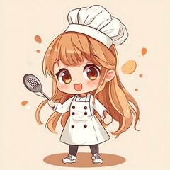 Wall Mural - Cute Cartoon Chef Girl with a Big Smile and a Spatula in Hand