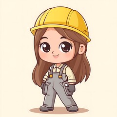 Poster - Cute Cartoon Woman Construction Worker Wearing Hard Hat and Overalls