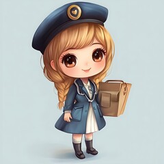 Sticker - Cute Chibi Girl in Blue Outfit with Brown Bag