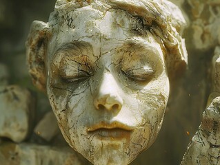 Close Up of a Weathered Stone Sculpture of a Face