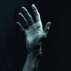 Close-up of white hand with fingers pointing upwards. Hand positioned slightly left of center. Dark background contrasts with white hand, drawing focus. Text objects visible. Hand isolated against