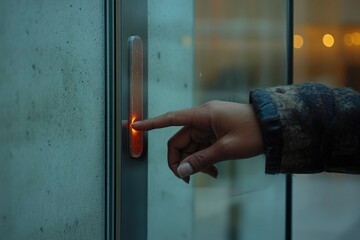 Sticker - Hand Pressing Illuminated Button on a Glass Door