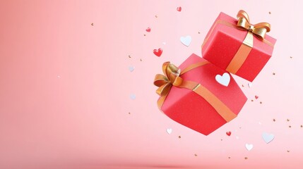 Poster - Two red gift boxes with golden bows and white hearts on a pink background.