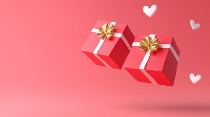 Wall Mural - Two red gift boxes with white ribbon and gold bow, floating on a pink background with white hearts.