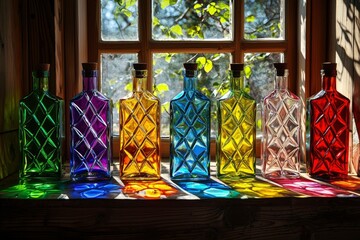 Sticker - Colorful Glass Bottles with Cork Stoppers on Wooden Shelf