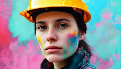 Poster - Vibrant Abstract Portrait of an Individual Wearing a Hard Hat