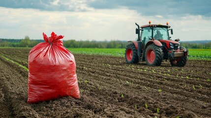 Modern Farming with Tractor and Red Sack in Field