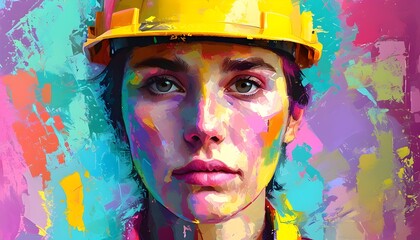 Wall Mural - Vibrant Abstract Portrait of an Individual Wearing a Hard Hat