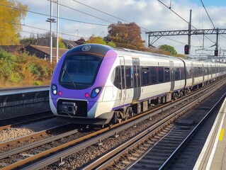 Elizabeth Line train at Shenfield station. Modern commuter train with sleek design on cloudy day. Train travels on railway track in rural area with scenic background. Stone buildings, iron railings