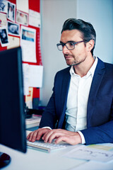 CEO, business man and typing on computer for project review, creative feedback or reading email. Mature manager, desktop or director online for publication, proofreading or magazine editing in office