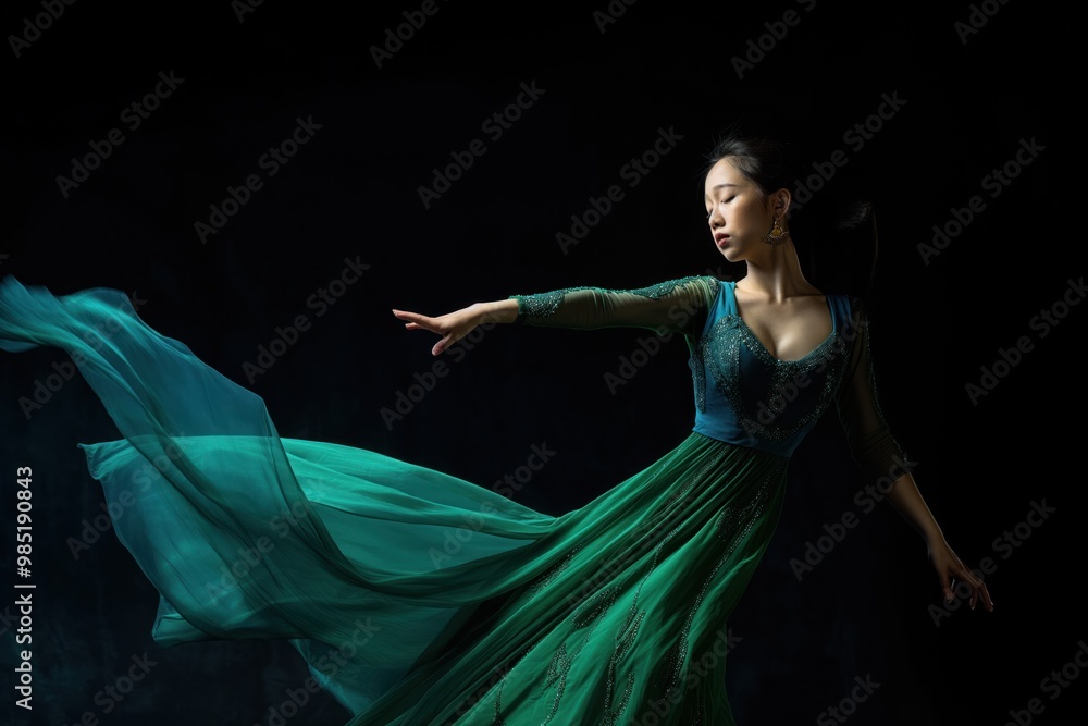 Southeast Asian woman in a green dress performs a ballet move on a ...