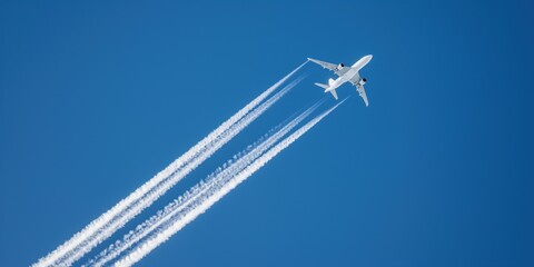 White aircraft in distance flies high in clear blue sky. Contrails form behind plane in panoramic view. Aviation transportation mode for passengers on journey.