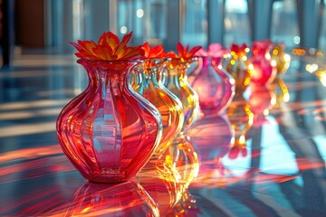 Poster - Red Glass Vase with Flowers and Reflections on a Table