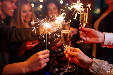 Wall Mural - Group of happy friends celebrate special occasion with sparklers in hand. Young people toast champagne in a nightclub atmosphere. Friends cheering together, joyful moments captured.