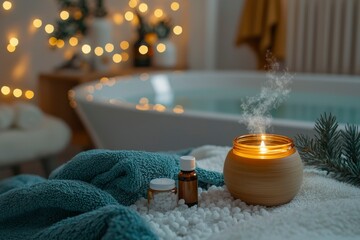 Sticker - Aromatic Candle Burning in a Relaxing Bathroom Setting