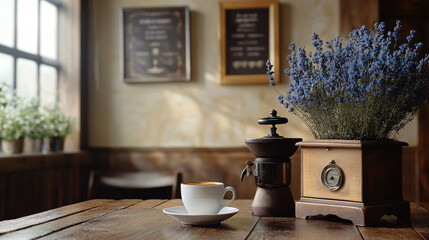 Wall Mural - A charming coffee scene with a vintage coffee grinder, a fresh cup of coffee, and a rustic table setting.