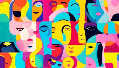 Vibrant abstract pattern featuring stylized faces and shapes in a colorful modern design for backgrounds or prints