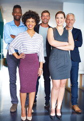 Poster - Support, teamwork and portrait with business people in office for collaboration, design proposal and diversity. Community, development and smile with employees in creative agency for solidarity