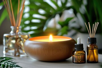 Sticker - A Wooden Candle Holder with Lit Candle, Two Essential Oil Bottles, and a Diffuser in the Background