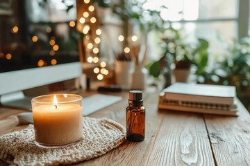 Sticker - A lit candle, essential oil bottle, and crocheted coaster on a wooden table