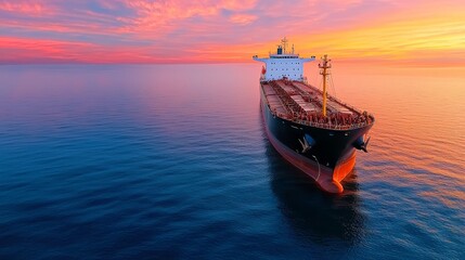 Cargo Ship at Sunset Over Calm Waters