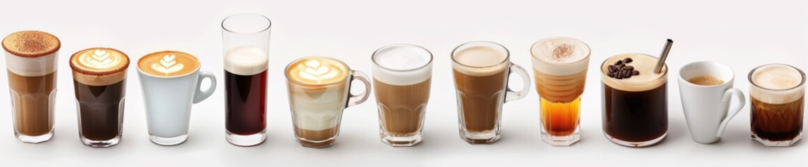 Collection of various coffee drinks on white background. Different types of cups, glasses, containers hold, cold beverages. Brown, black liquids with creamy foam, froth. Cappuccinos, lattes, espresso