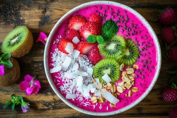 Wall Mural - Dragon Fruit Smoothie Bowl with Kiwi, Strawberry, Coconut, and Granola