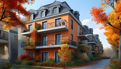 Wall Mural - Charming autumn scene with vibrant condominiums featuring balconies and colorful stucco townhouses