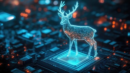 Wall Mural - a digital deer stands on a glowing computer chip, representing the intersection of technology and na