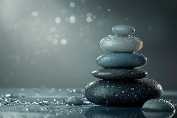 Poster - Stacked Wet Stones with Water Droplets on a Grey Background