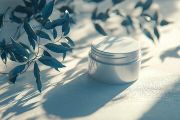 Poster - A White Jar with a Silver Rim on a White Surface with Leaves and Shadows