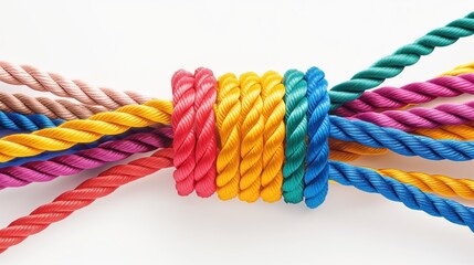 Colorful ropes tied together on white background. Unity concept connection, cooperation, collective strength. Ropes of different colors, lengths, textures form strong bond, representing