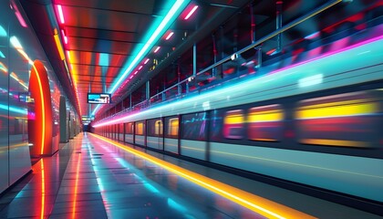 Wall Mural - Vibrant high-tech subway system racing through urban landscapes with neon lights, offering an exhilarating travel experience for passengers